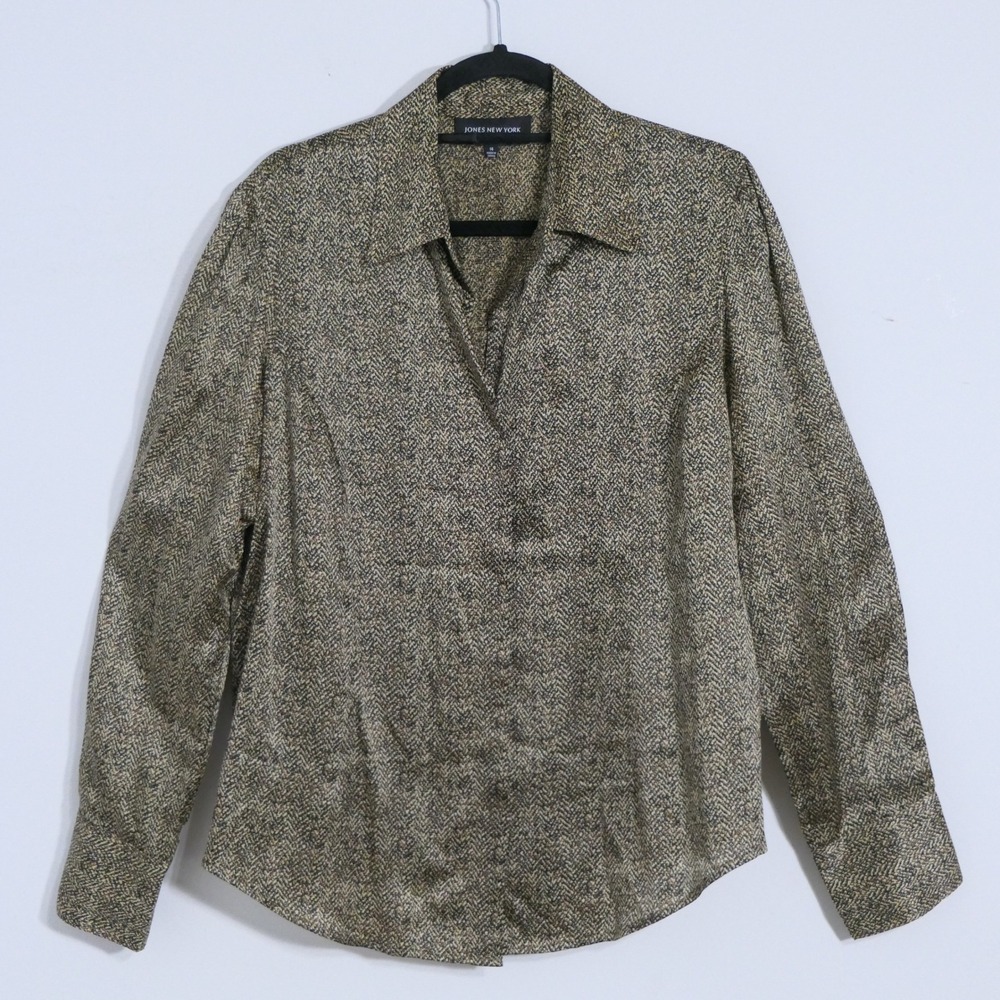 Jones New York Womens Shirt 14 Brown Silk Blend Herringbone Print Earthy Neutral